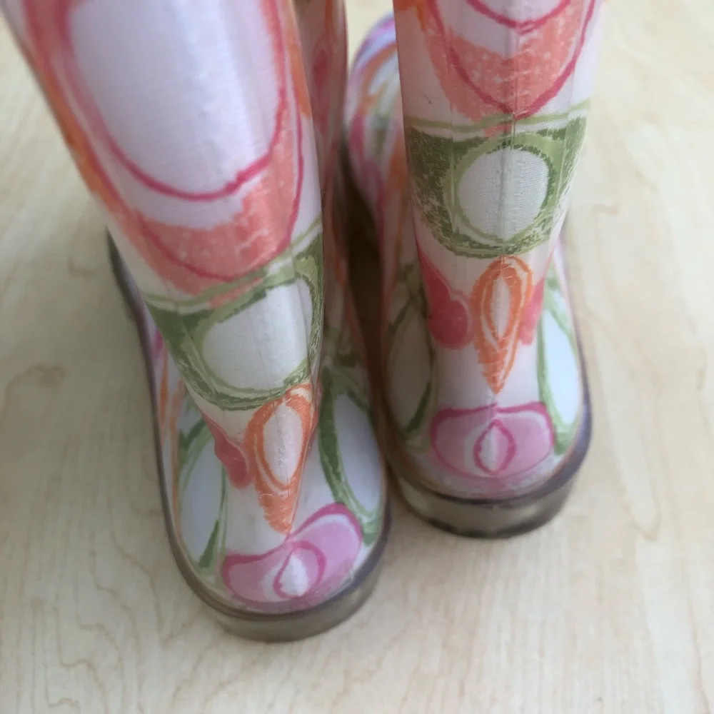 COACH PINK GREEN ORANGE WHITE LOGO RUBBER RAIN BOOTS VINTAGE Y2K DESIGNER SZ 6